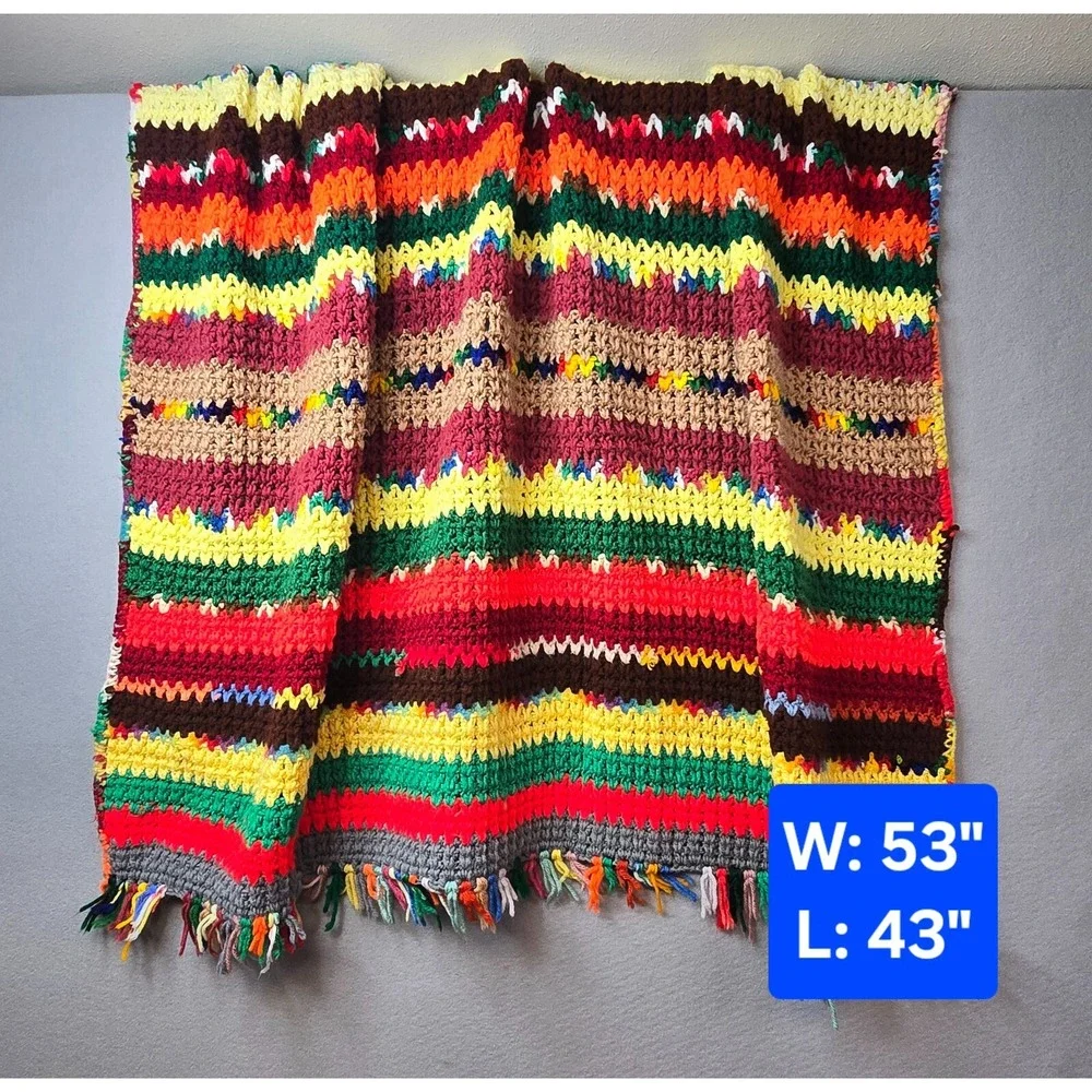 Vintage Handmade Crochet Afghan Striped Blanket Scrapbuster Throw Retro 70s‎